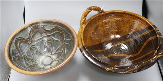 A John Leach Muchelney Pottery large earthenware bowl and another Studio pottery bowl, Dia 37cm